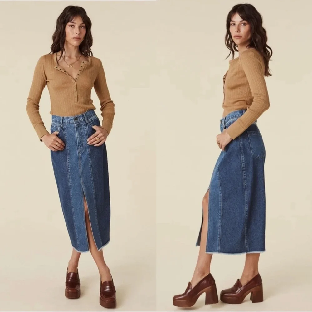 Spell Blue Daisy Patchwork Denim Midi Skirt S - Picture 2 of 9